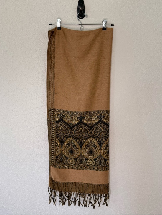 Accessories - Camel Brown and Gold Paisley Fringe Shawl Scarf